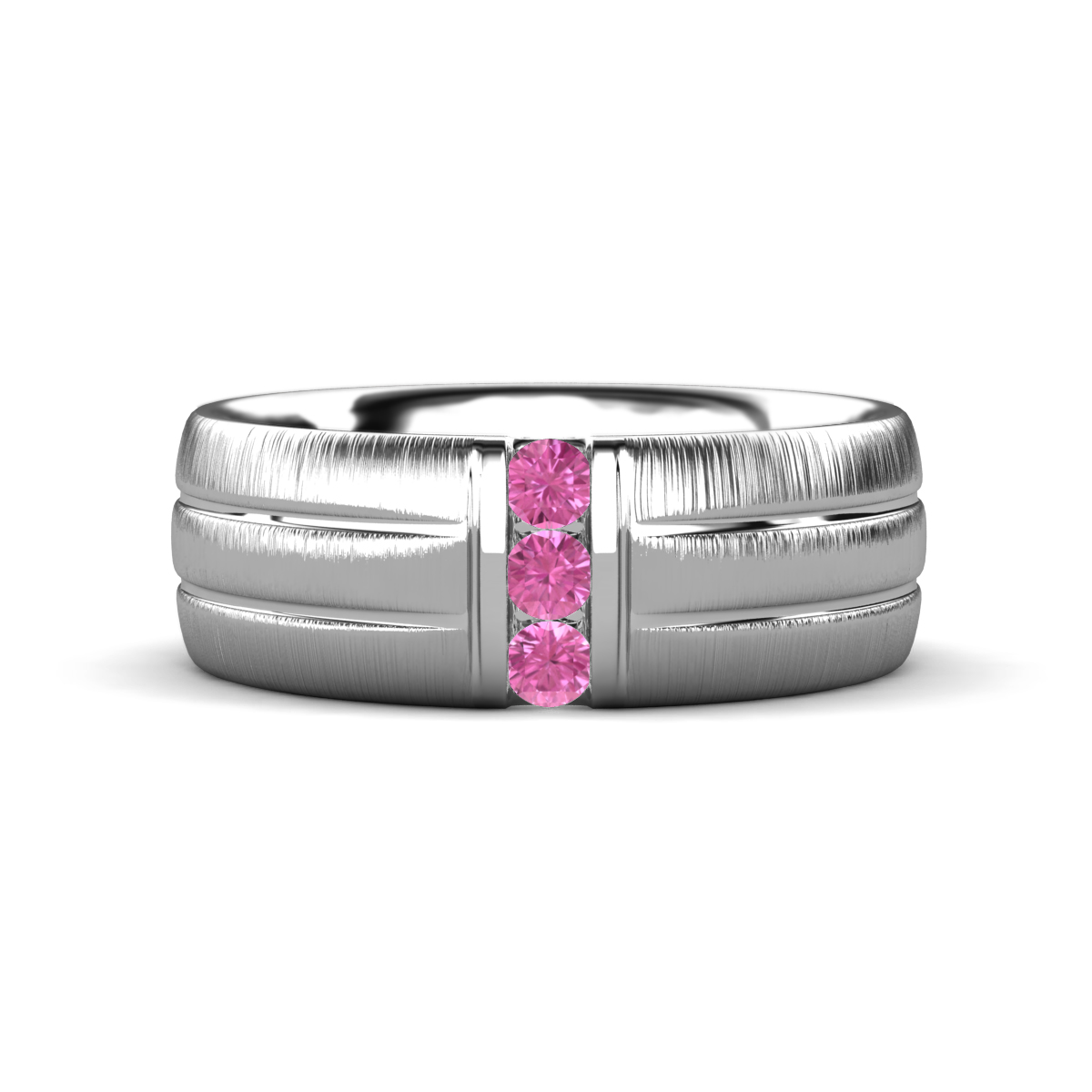 LeBron Round Pink Sapphire with Brushed and Polished Finish Three Stone Men's Wedding Band (8 mm) 